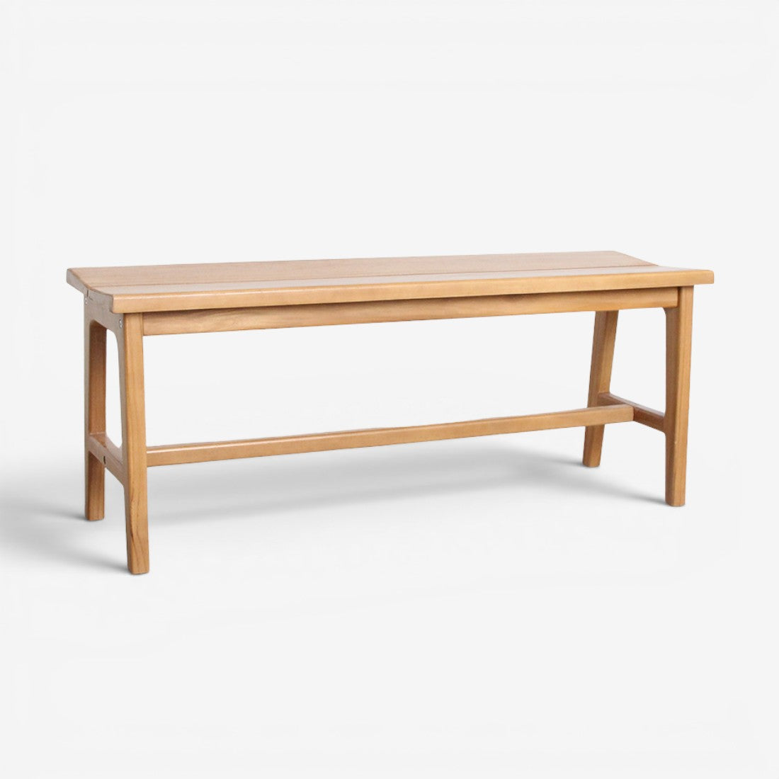 Kayu Living sustainable teak wood bench with a natural finish, suitable for indoor or outdoor use.