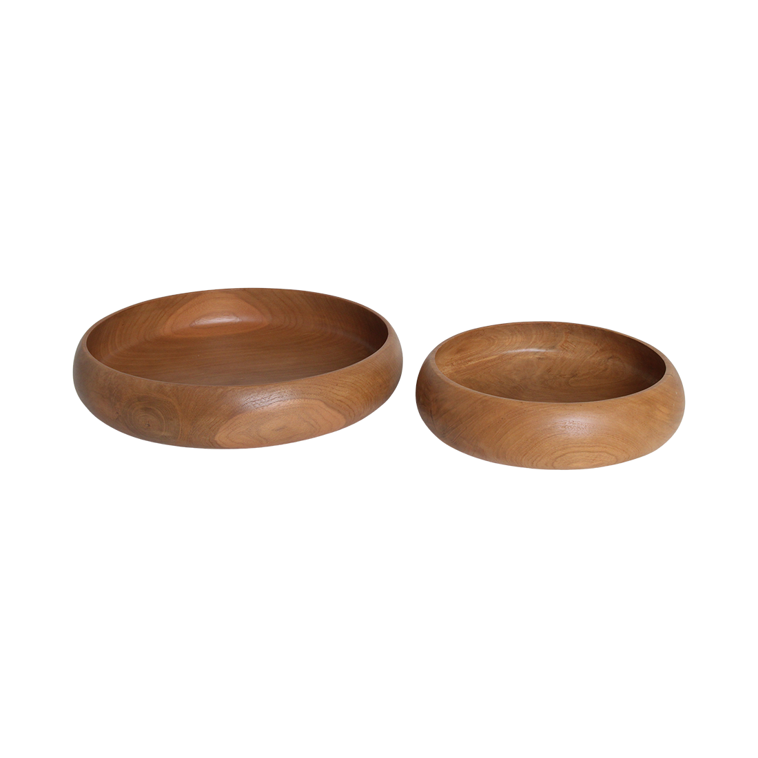 Kayu Living set of two round, natural finish recycled teak bowls with visible wood grain patterns.