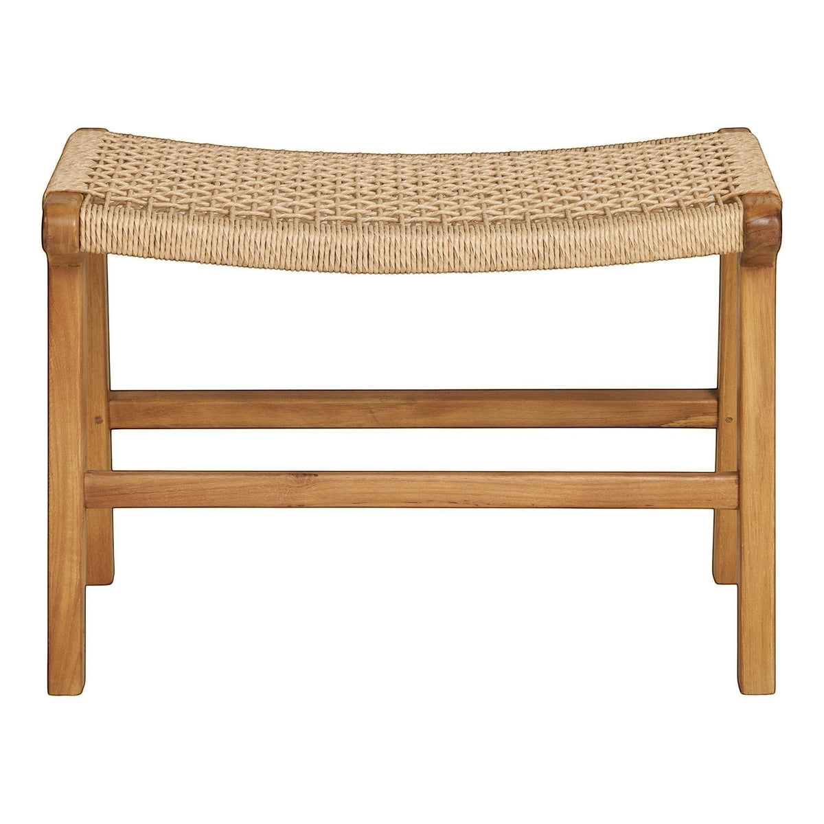 Kayu Living Derby footstool made of natural teak wood with a woven rope seat for indoor or outdoor use.