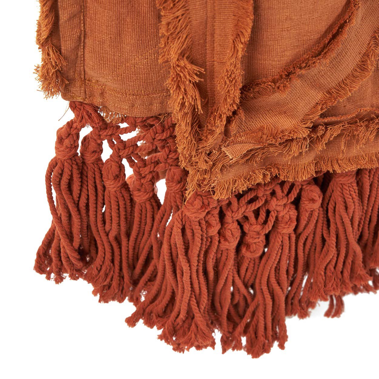 Kayu Living terracotta cotton throw with a rustic plaid pattern and decorative knotted fringe detail