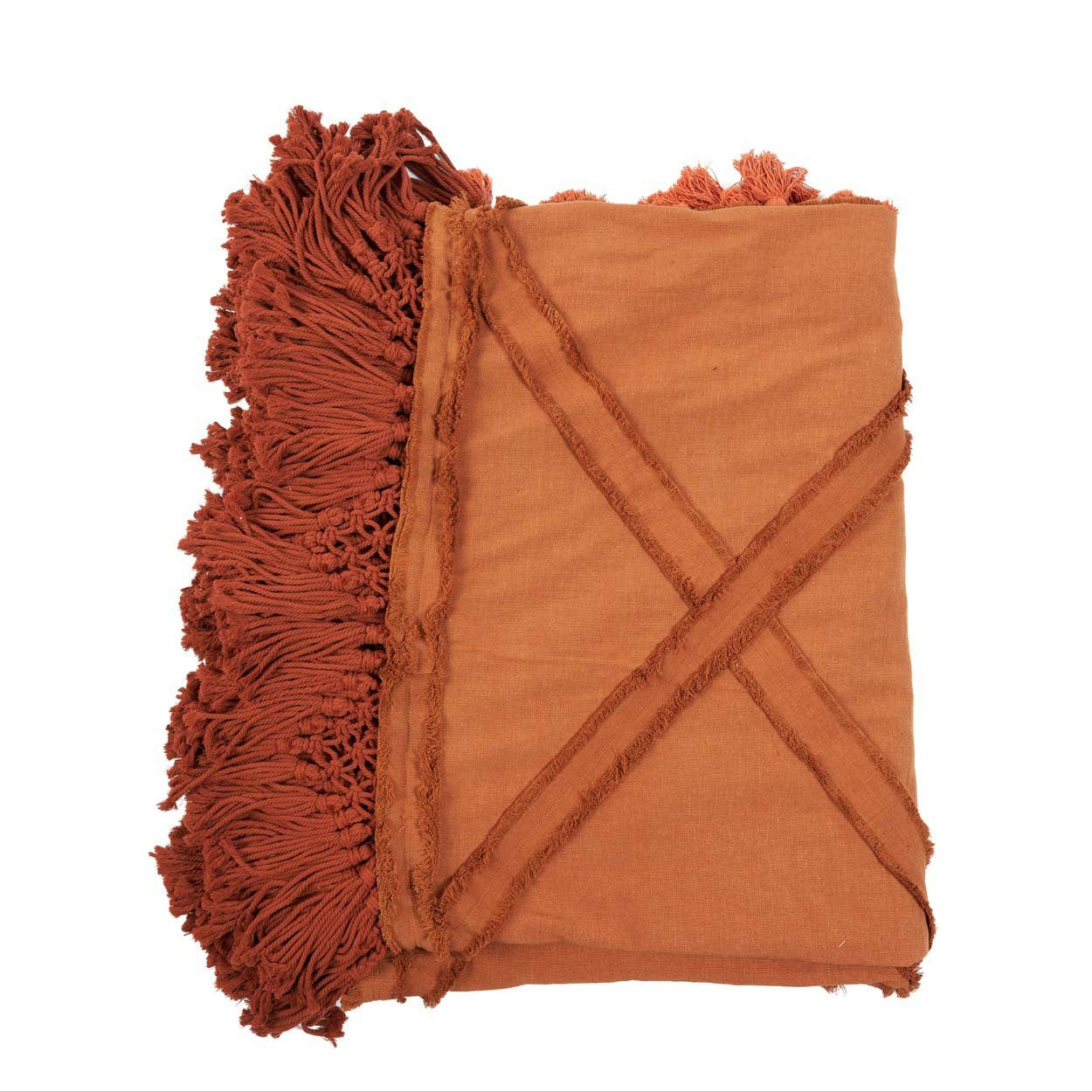 Kayu Living Berber cotton bed throw in terracotta with a rustic plaid design and decorative fringe edges.