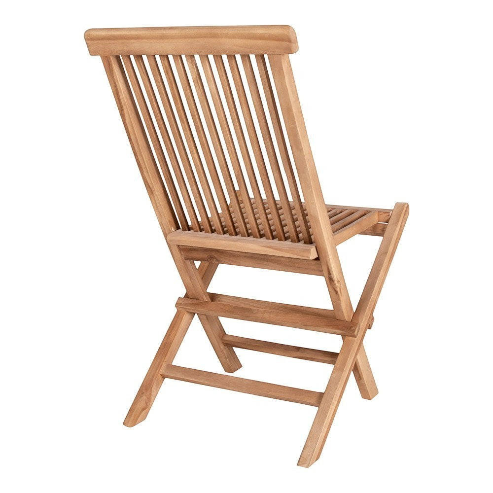 Kayu Living Toledo natural teak wood folding dining chair, back view showing slatted design and sturdy frame.