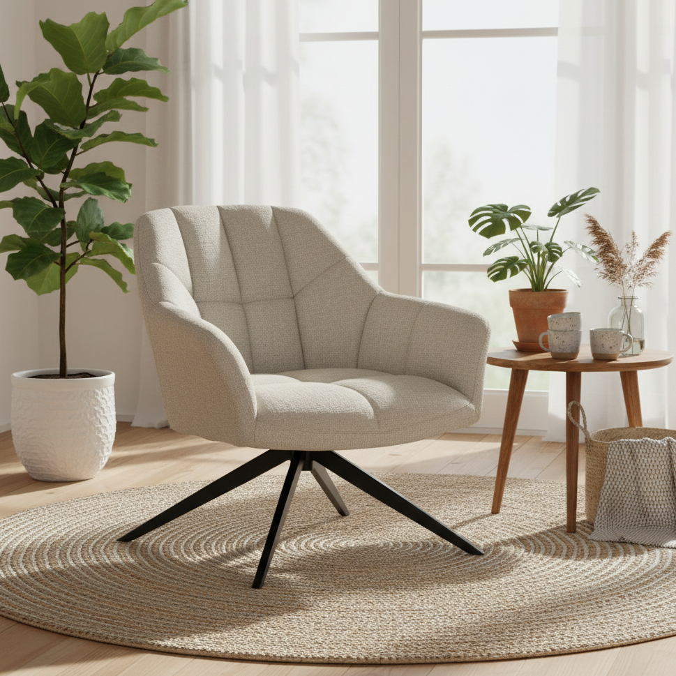 A modern upholstered swivel armchair in a light beige fabric with a black metal star base, placed on a round woven rug in a bright, sunlit room with plants and a small wooden side table.