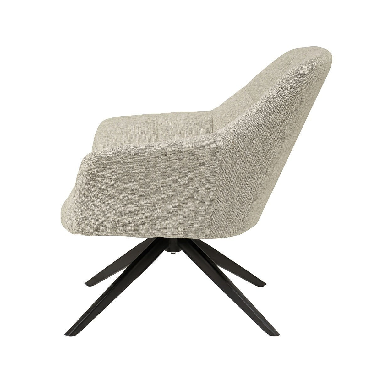 Kayu Living Tom swivel chair in sand beige fabric with a modern black metal base, side view.