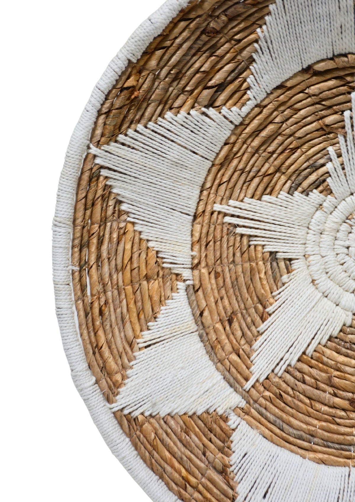 Kayu Living Uluwatu handmade banana-leaf and cotton wall basket in brown and white with geometric woven patterns.