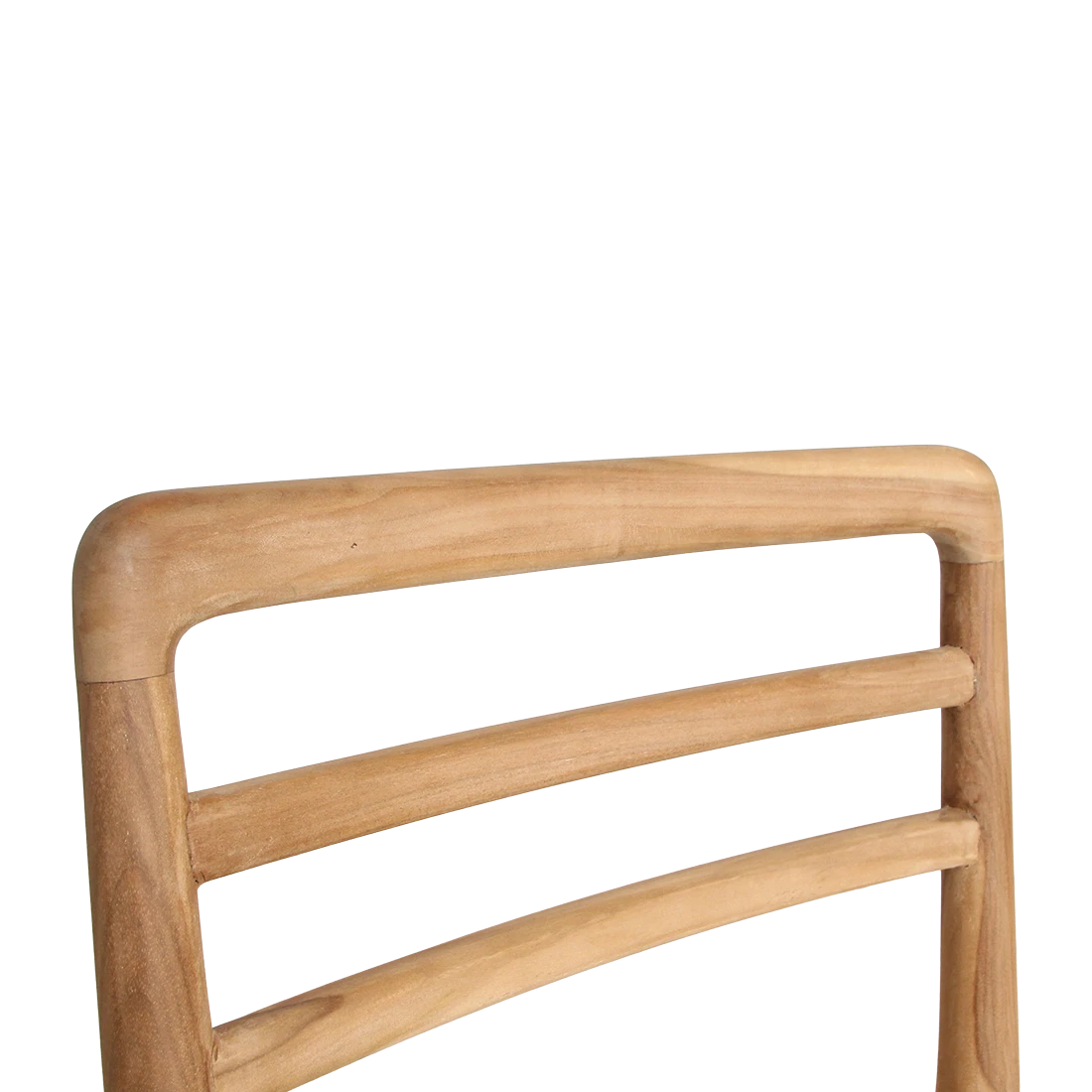 Kayu Living Verano teak dining chair backrest detail showing natural wood grain and smooth rounded frame