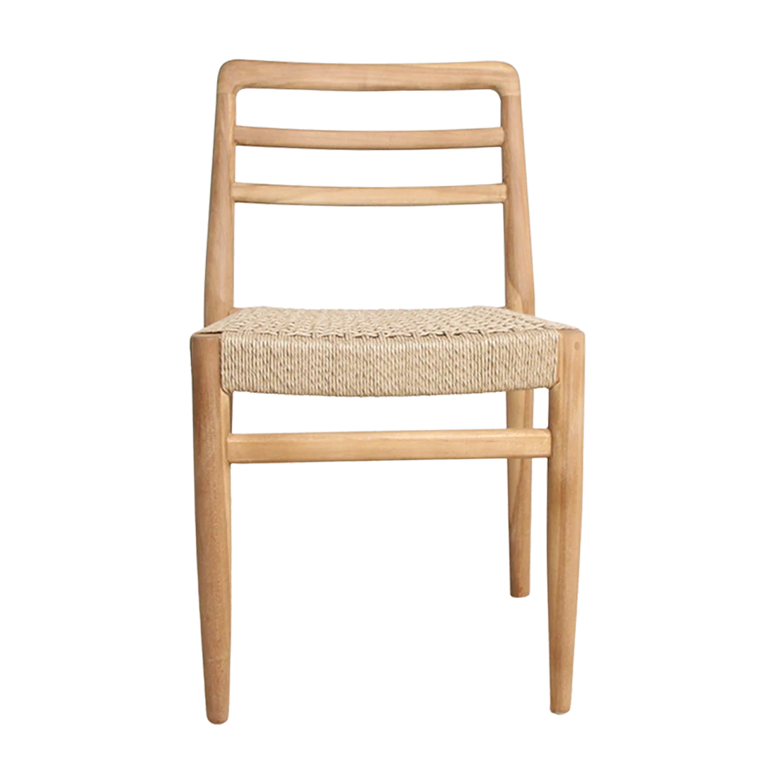 Kayu Living Verano teak dining chair with a natural wood frame and woven rope seat, front view.
