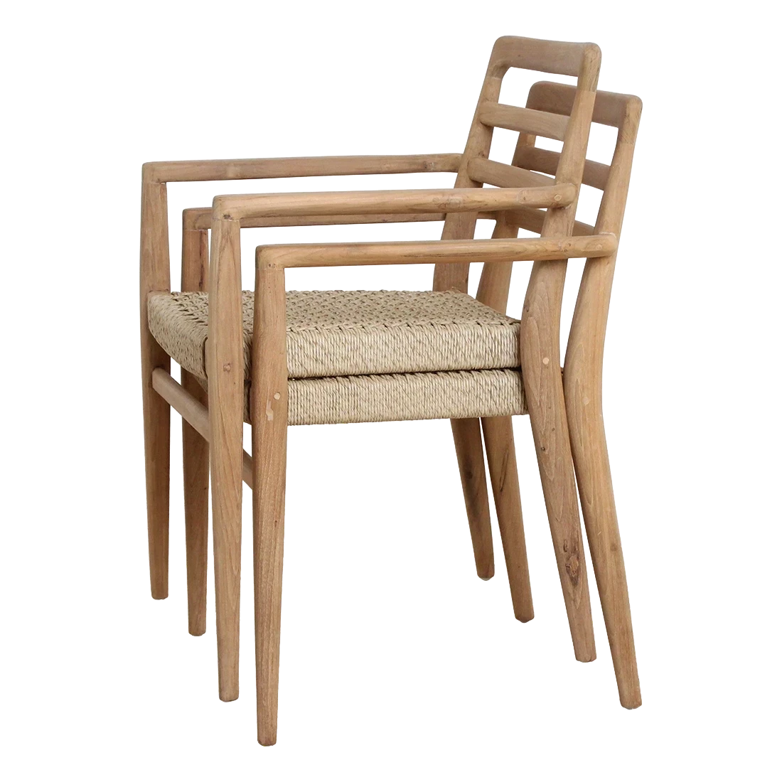Kayu Living Verano teak garden chairs with armrests and woven rope seats, stacked for storage.