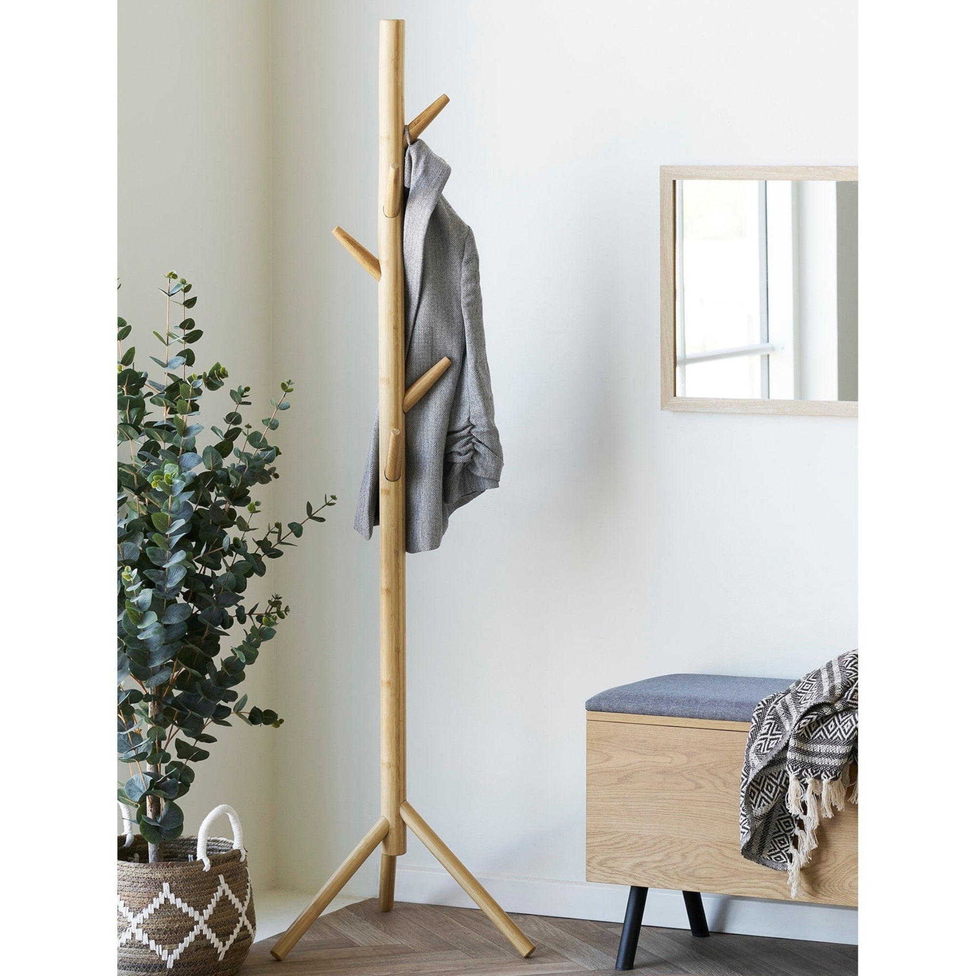 Kayu Living Wanaka Coat Rack: Natural bamboo standing coat rack with 5 pegs, ideal for coats, hats, and bags.