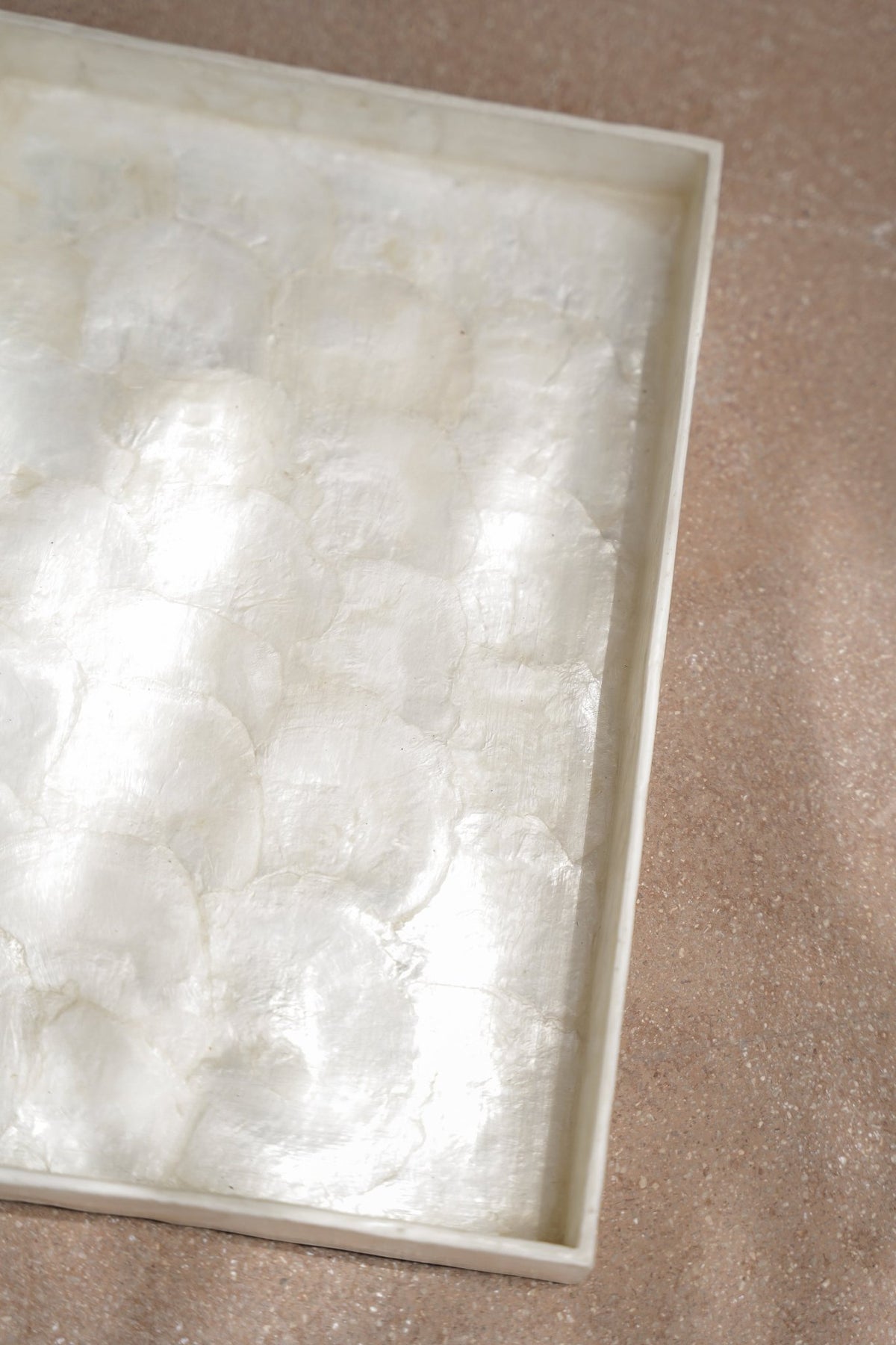 Kayu Living white handcrafted Capiz shell decorative tray with a translucent, shimmering finish for home decor.