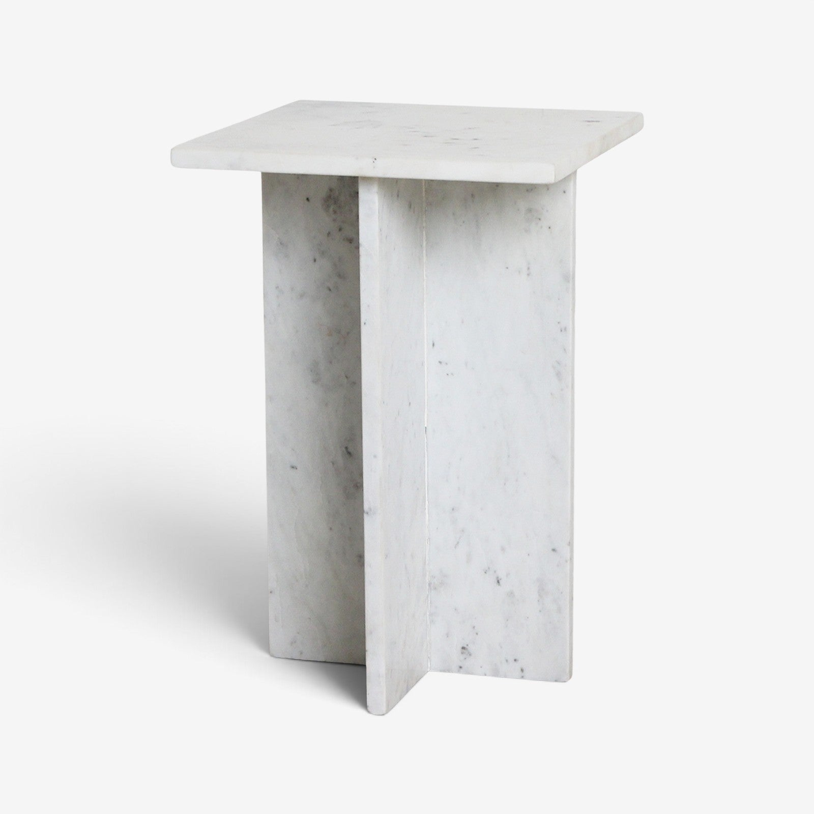 Kayu Living Beijing white marble side table with a square top and crossed slab base featuring grey veining.