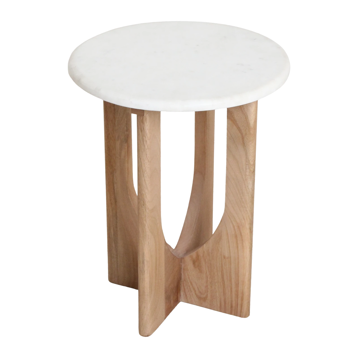 Kayu Living Kuching white marble side table with a round top and arched sustainably sourced mango-wood base.