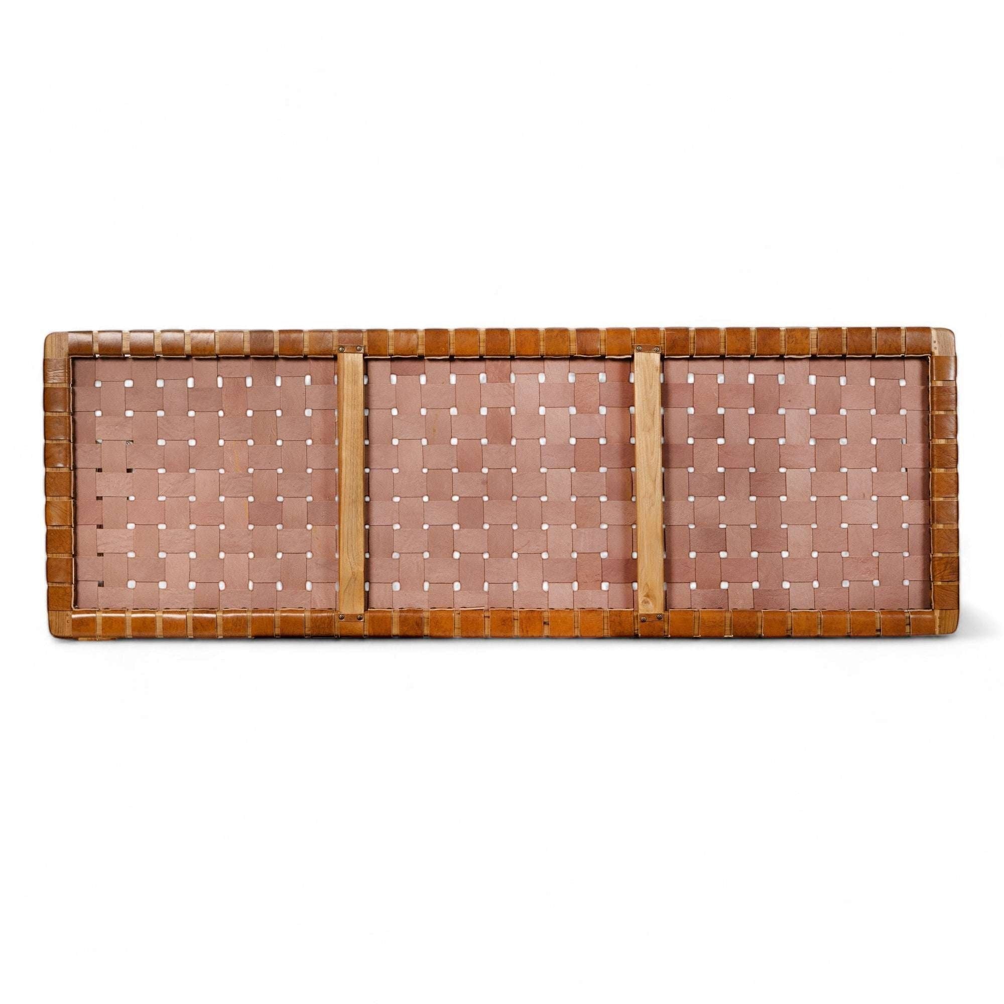 Kayu Living Sanur headboard with woven brown leather and natural wood frame. Artisanal basketweave design.