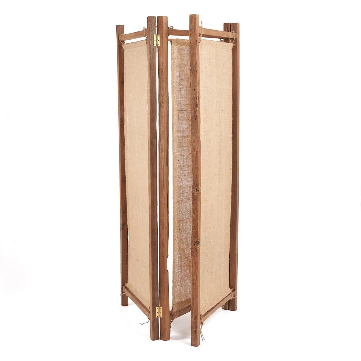 Kayu Living Zenbu room divider made from reclaimed teak wood and natural jute fabric in a rustic, artisanal style.
