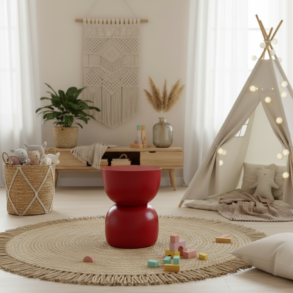 Children's playroom with a red stool, toys, and a teepee.