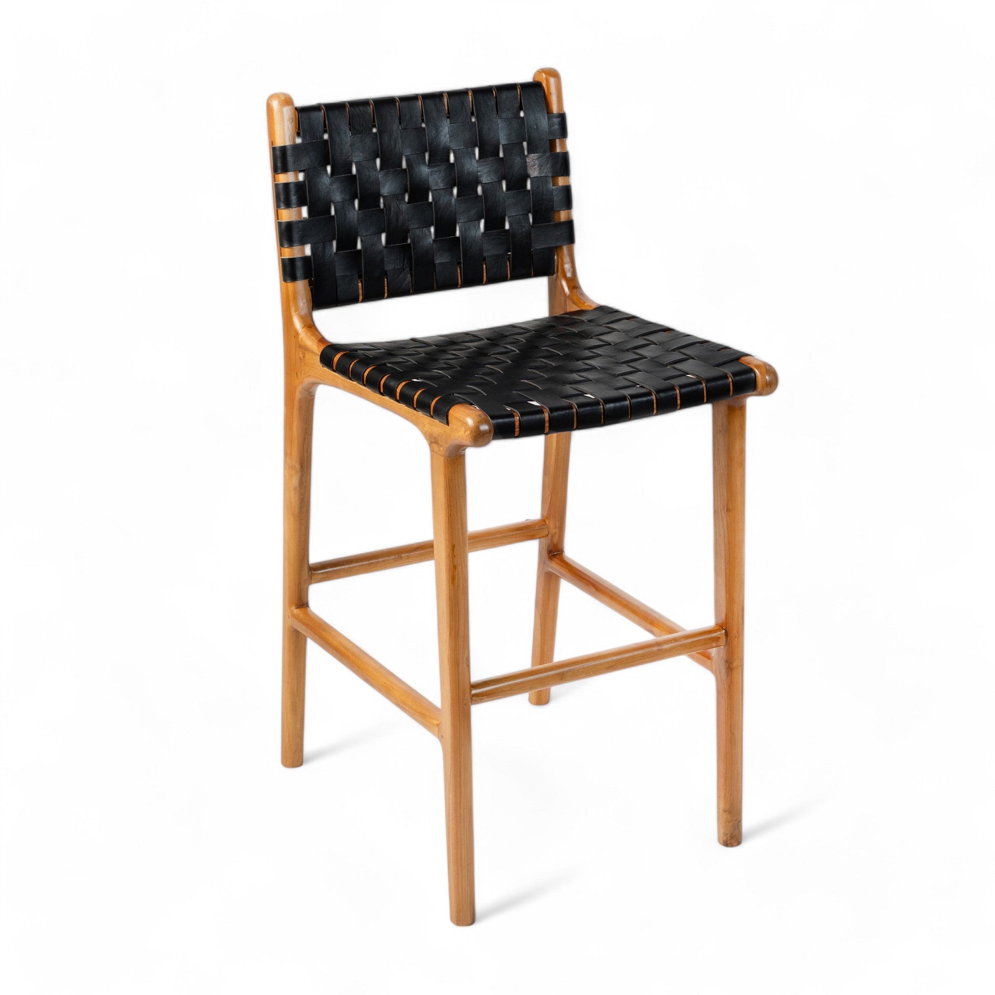 Counter Stool in Solid Teak and Handwoven Leather