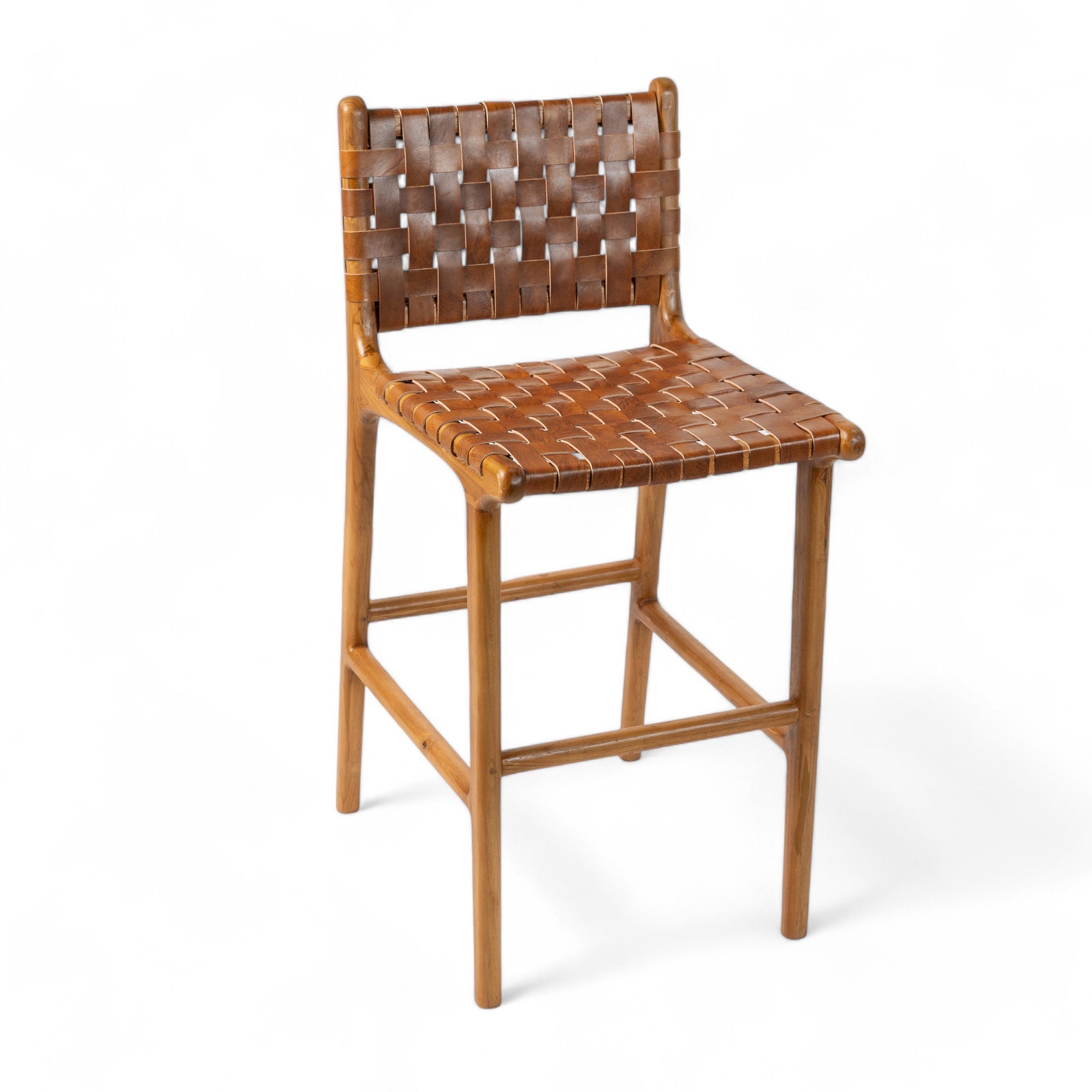 Counter Stool in Solid Teak and Handwoven Leather