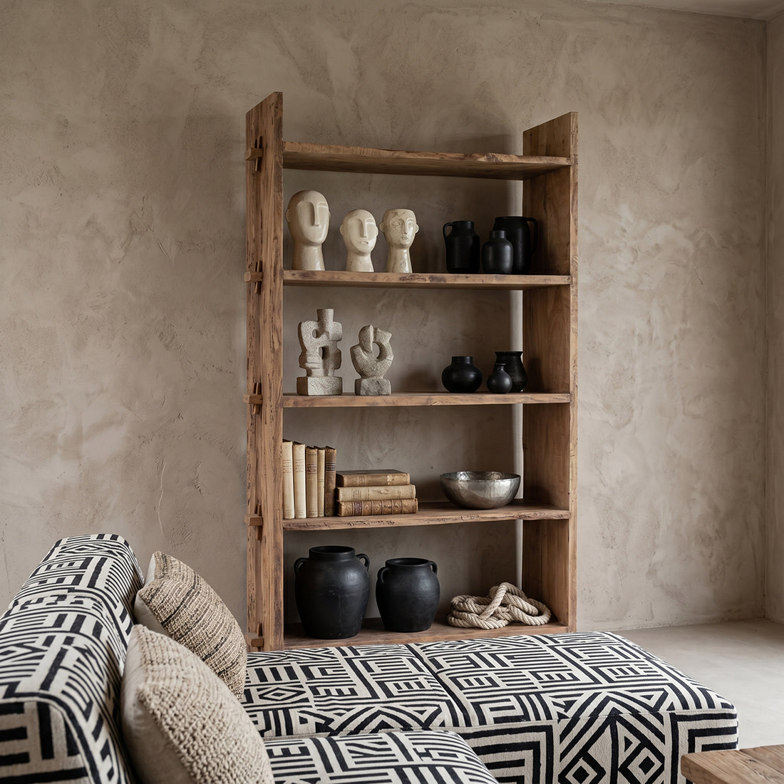 Raw Materials Farmwood storage rack with multiple shelves, made of sturdy wood for organized storage in a rustic style.