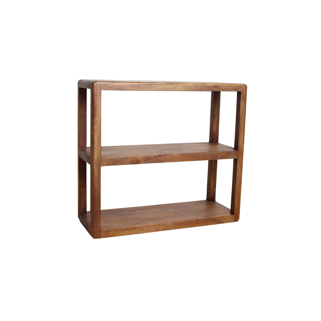 Raw Materials 3-tier bullnose mango wood rack for stylish storage and organization in modern interiors.