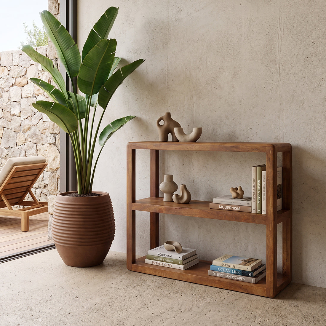 Raw Materials bullnose mango wood 3-tier storage rack with sleek, curved edges, perfect for organizing kitchen or living space.
