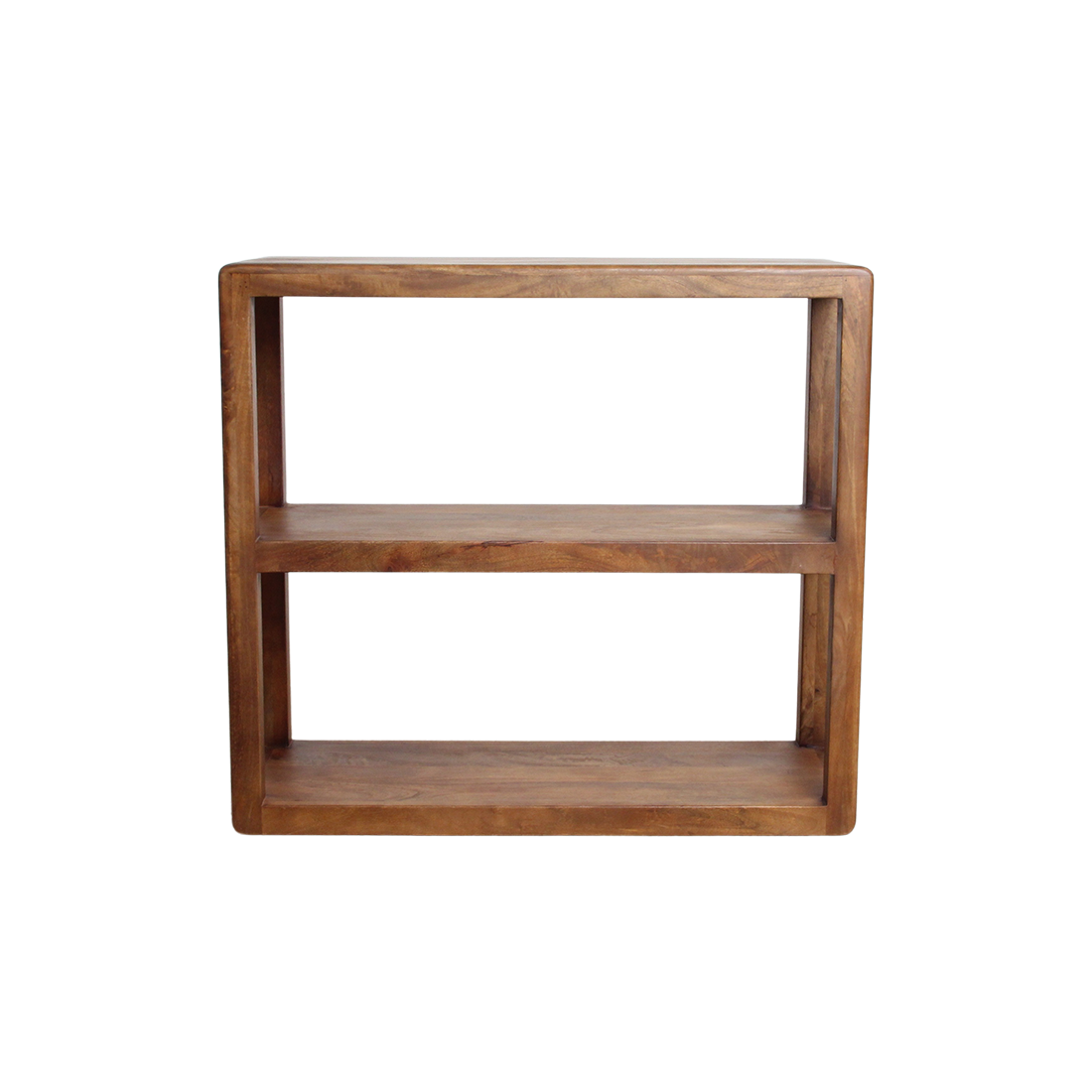 Raw Materials Bullnose mango wood 3-tier storage rack showing smooth rounded edges and sturdy wooden shelves.