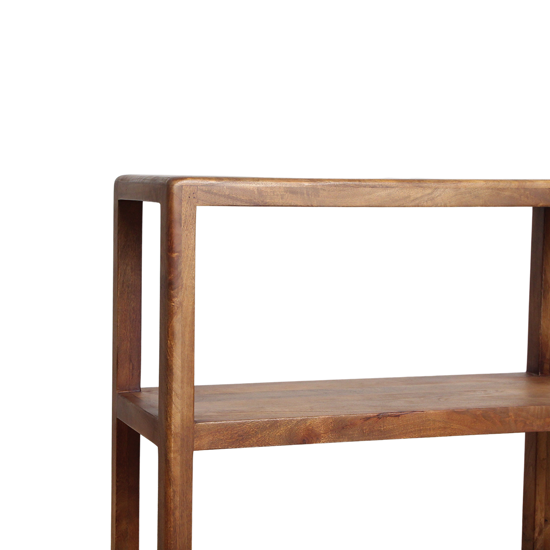 Raw Materials Bullnose mango wood 3-tier storage rack with rounded edges, showcasing sturdy wooden shelves and a natural finish.