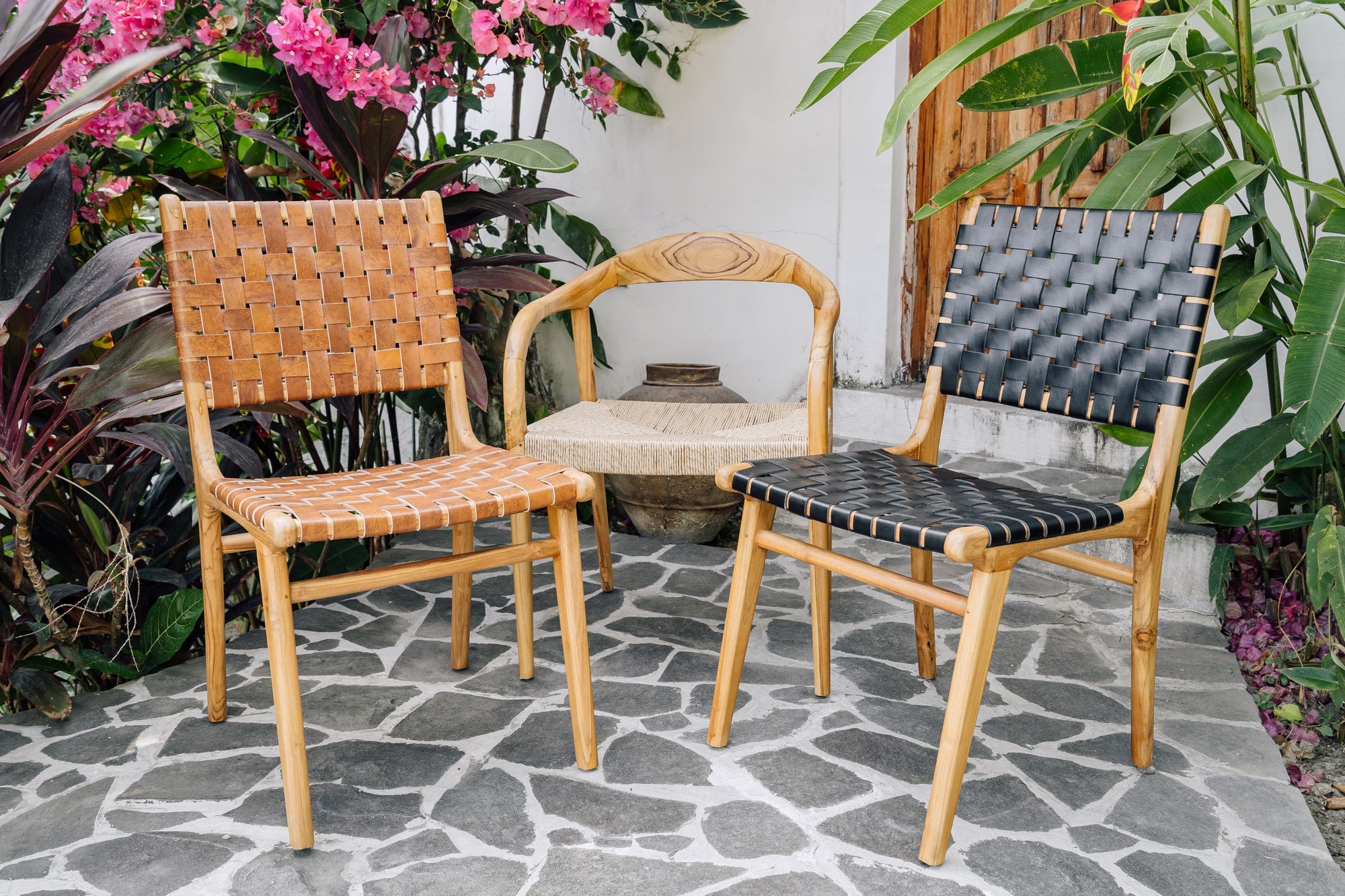 Chair in Solid Teak and Handwoven Leather