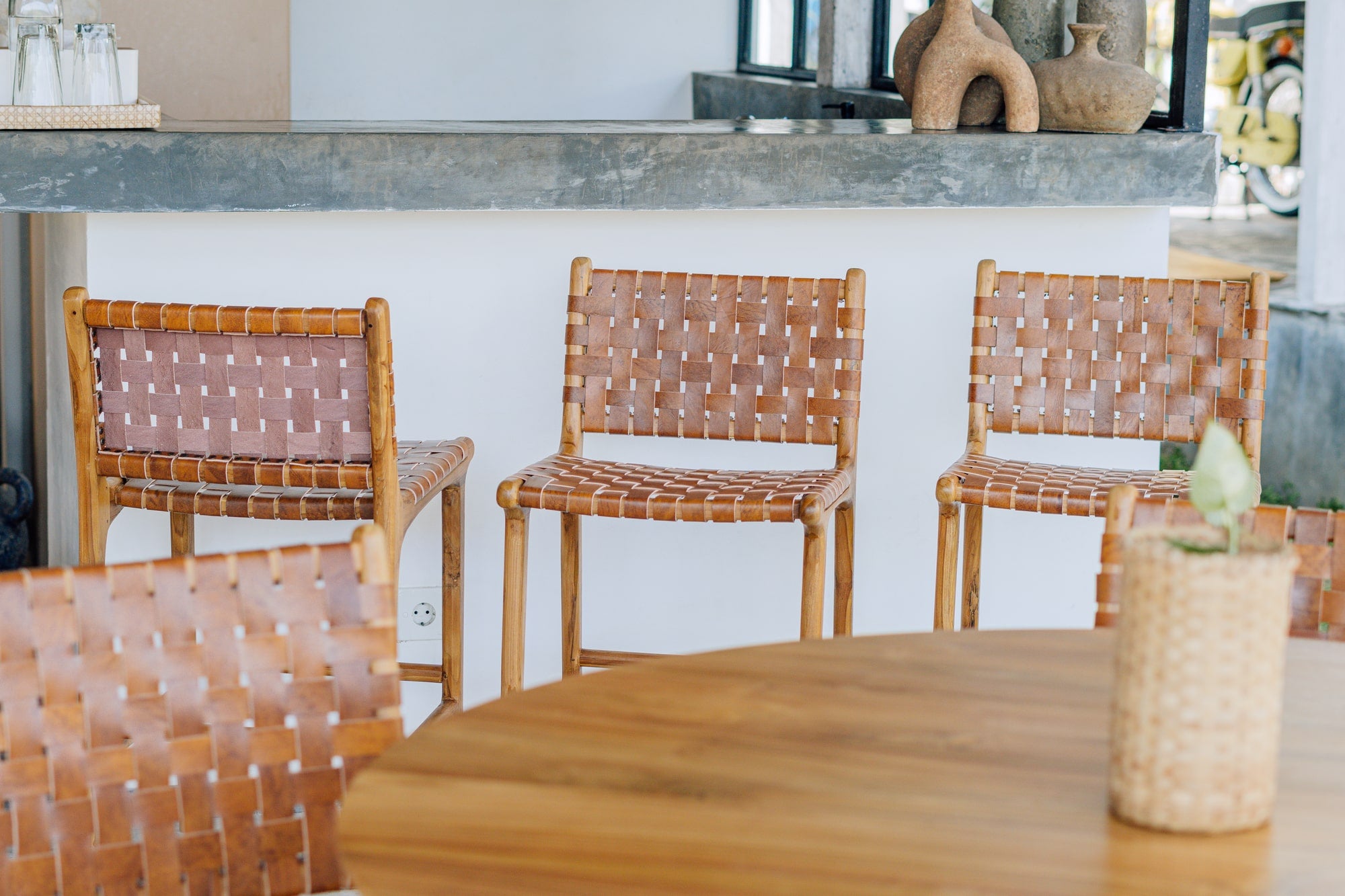 Counter Stool in Solid Teak and Handwoven Leather