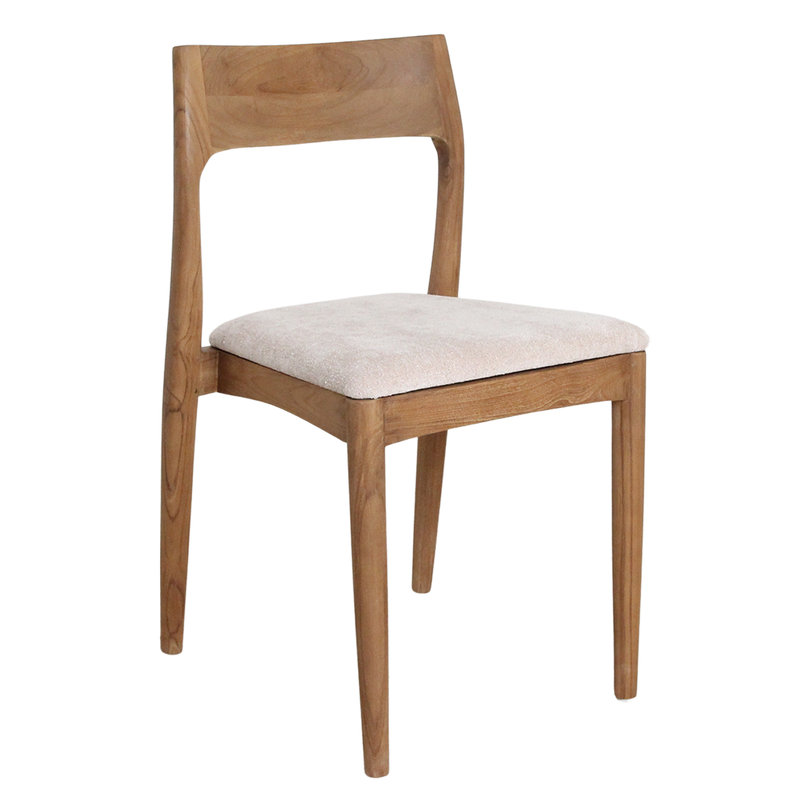 Set of two Raw Materials Freya teak dining chairs in cream with sleek, modern design and smooth wooden finish.