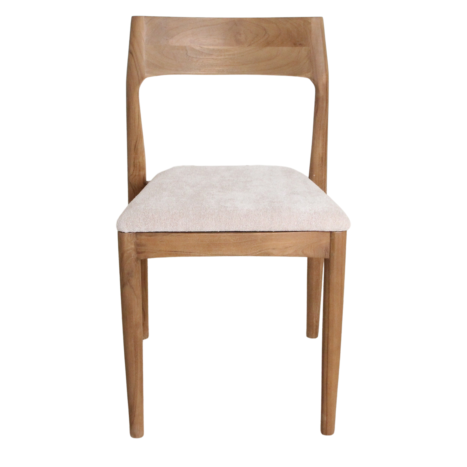 Cream Freya teak dining chairs by Raw Materials, set of 2, showing sleek wooden design and comfortable seating.