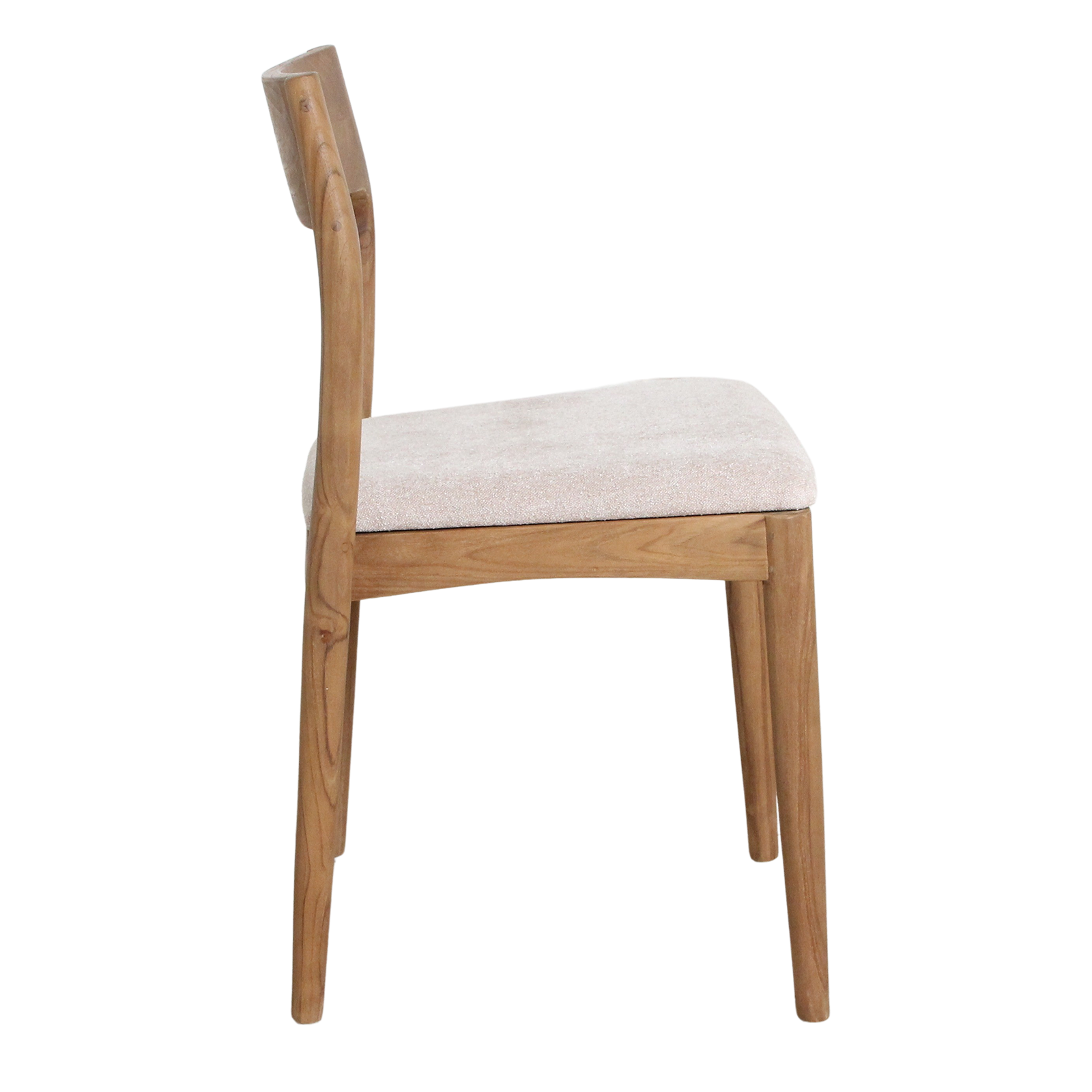 Pair of Freya teak dining chairs in cream by Raw Materials, showcasing modern wooden dining room seating with sleek design.