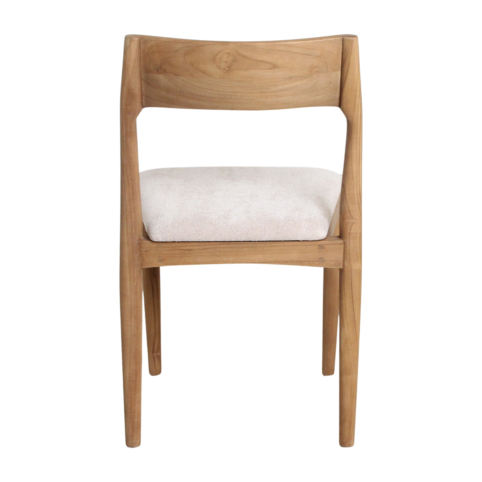 Set of two Raw Materials Freya teak dining chairs in cream with sleek, modern design and sturdy wooden legs.