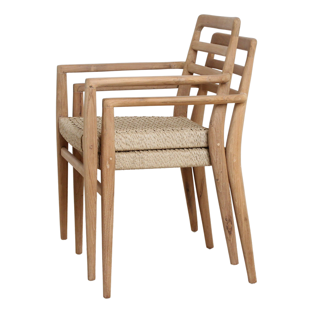 Set of two Raw Materials Verano teak dining chairs with armrests, showcasing durable wooden construction and modern design