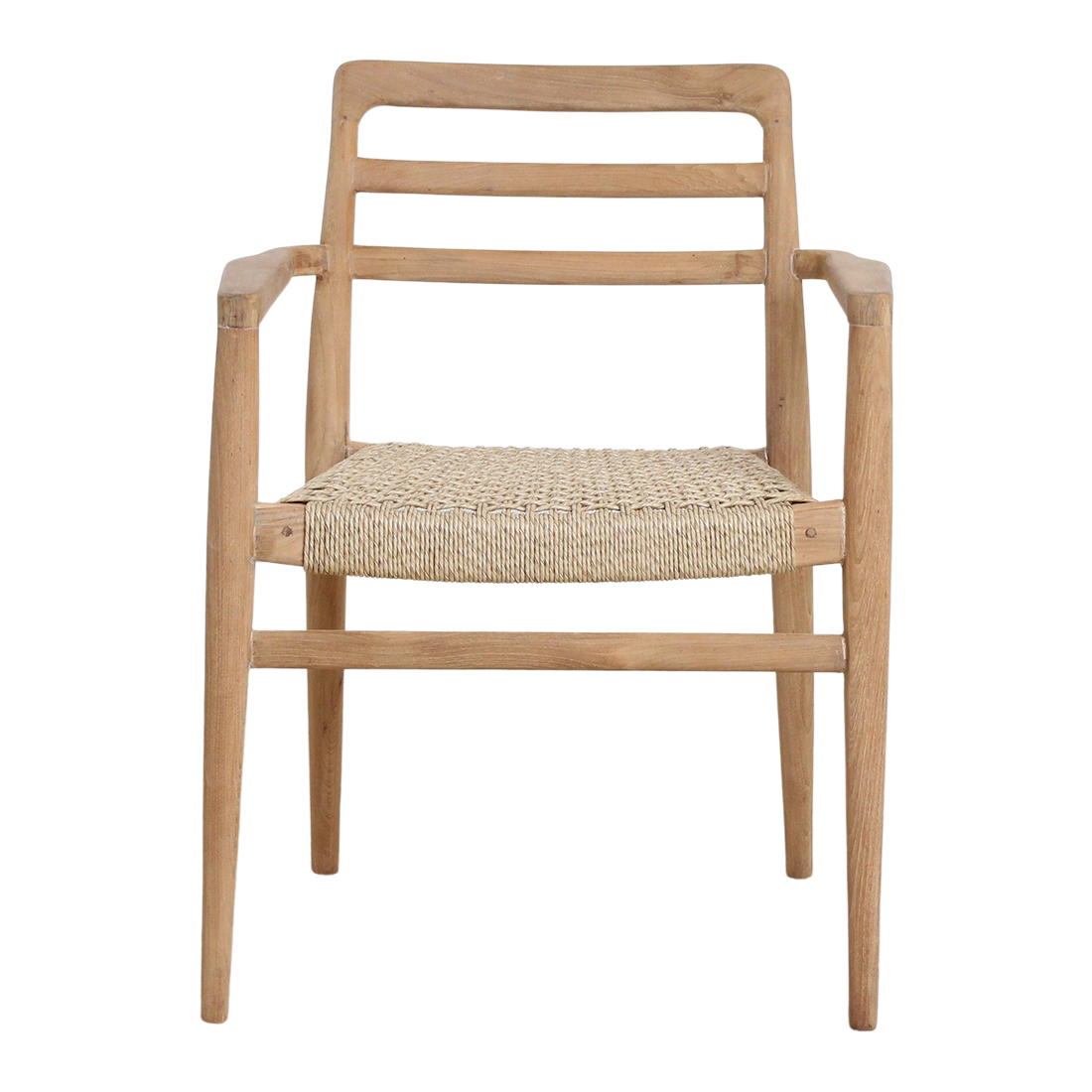 Set of two Verano teak dining chairs with armrests by Raw Materials, showcasing sleek design and natural wood finish.