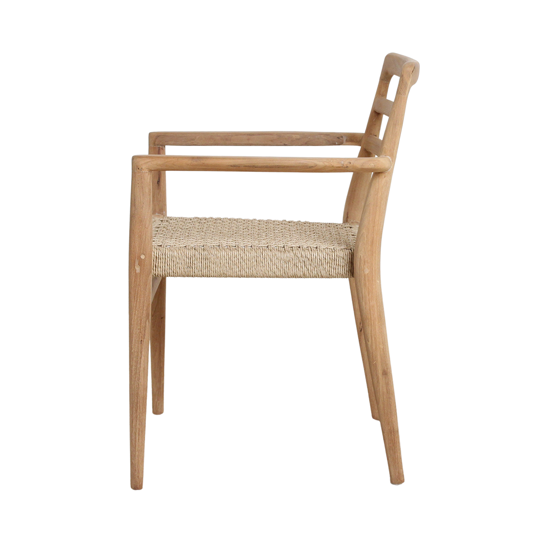 Set of two Raw Materials Verano teak dining chairs with armrests, showcasing sleek wood design and comfortable seating.