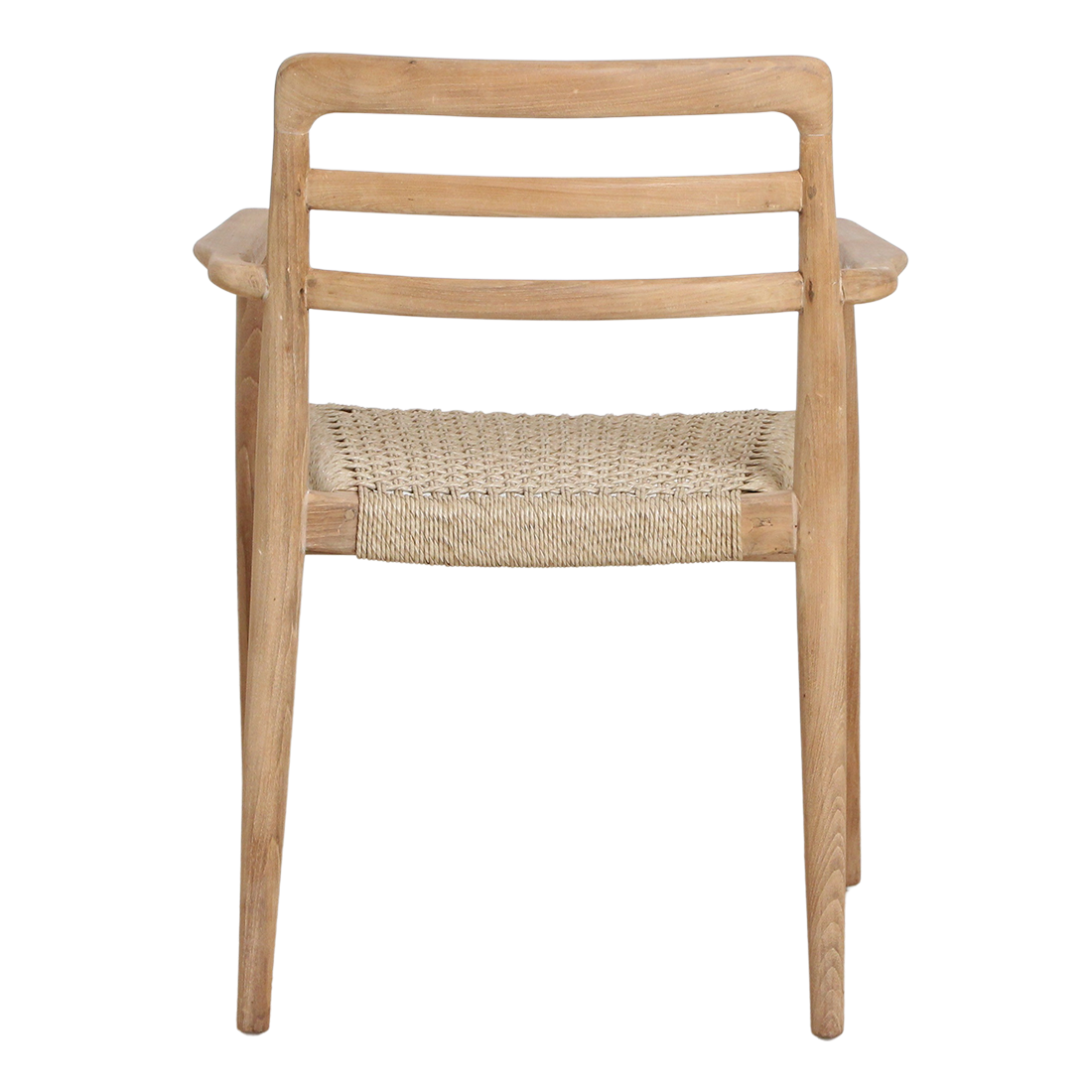 Set of two Raw Materials Verano teak dining chairs with armrests, showcasing modern design and natural wood finish.