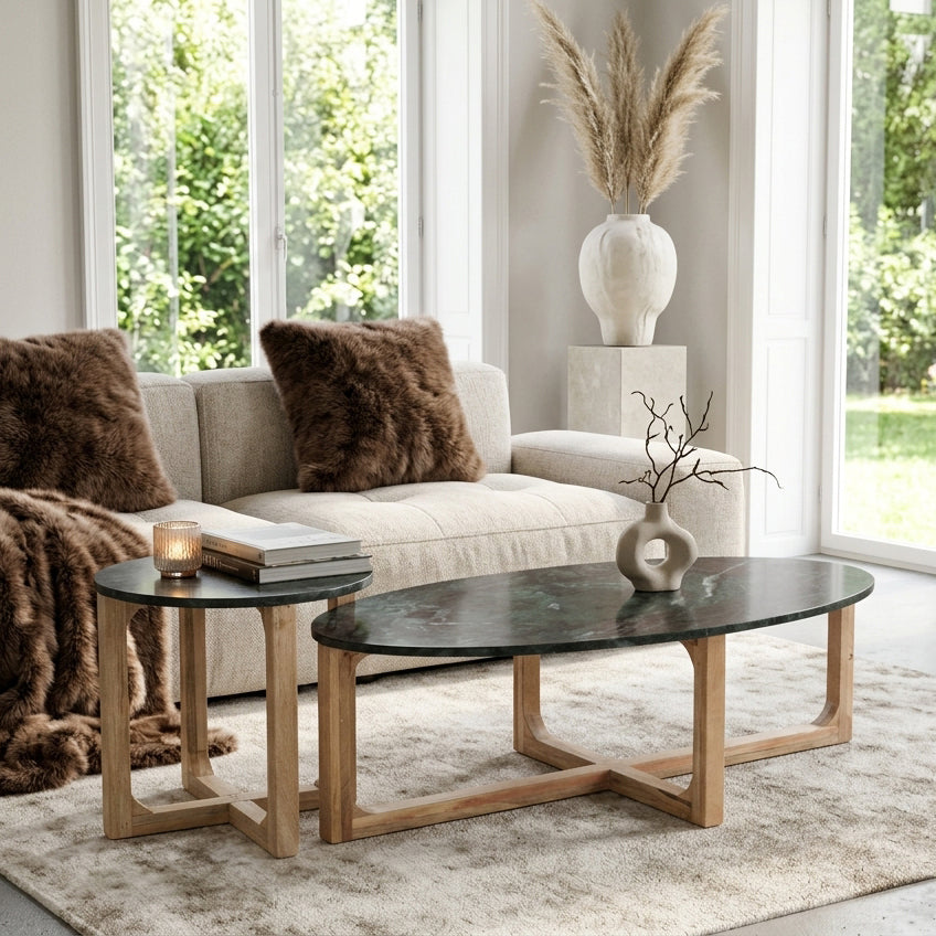 Green marble side table by Raw Materials featuring a sleek, modern design with a smooth surface and sturdy base.