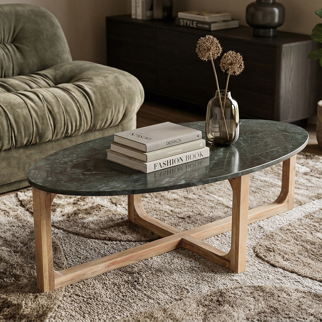 Green marble coffee table by Raw Materials with a sleek rectangular design and polished surface.