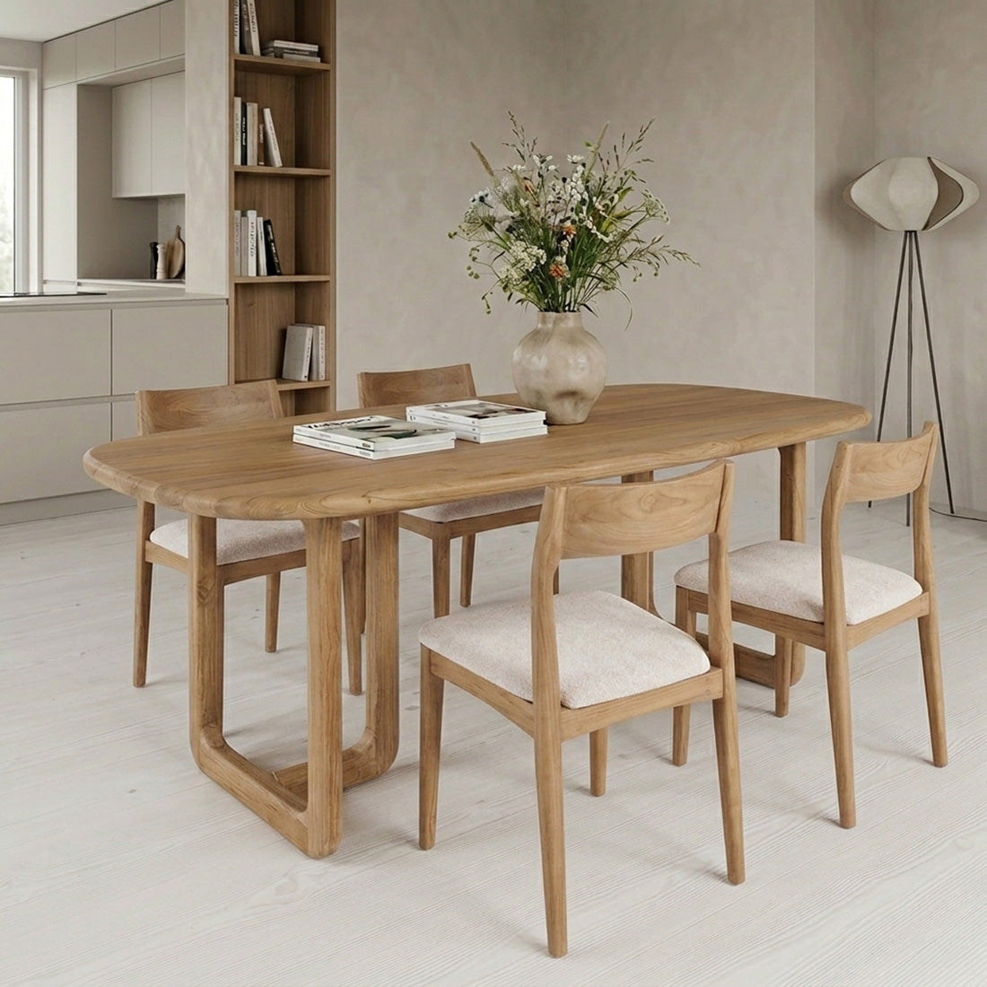 Raw Materials Invierno teak wood dining table, 200 cm, showcasing smooth tabletop and sturdy legs in a modern dining setting.