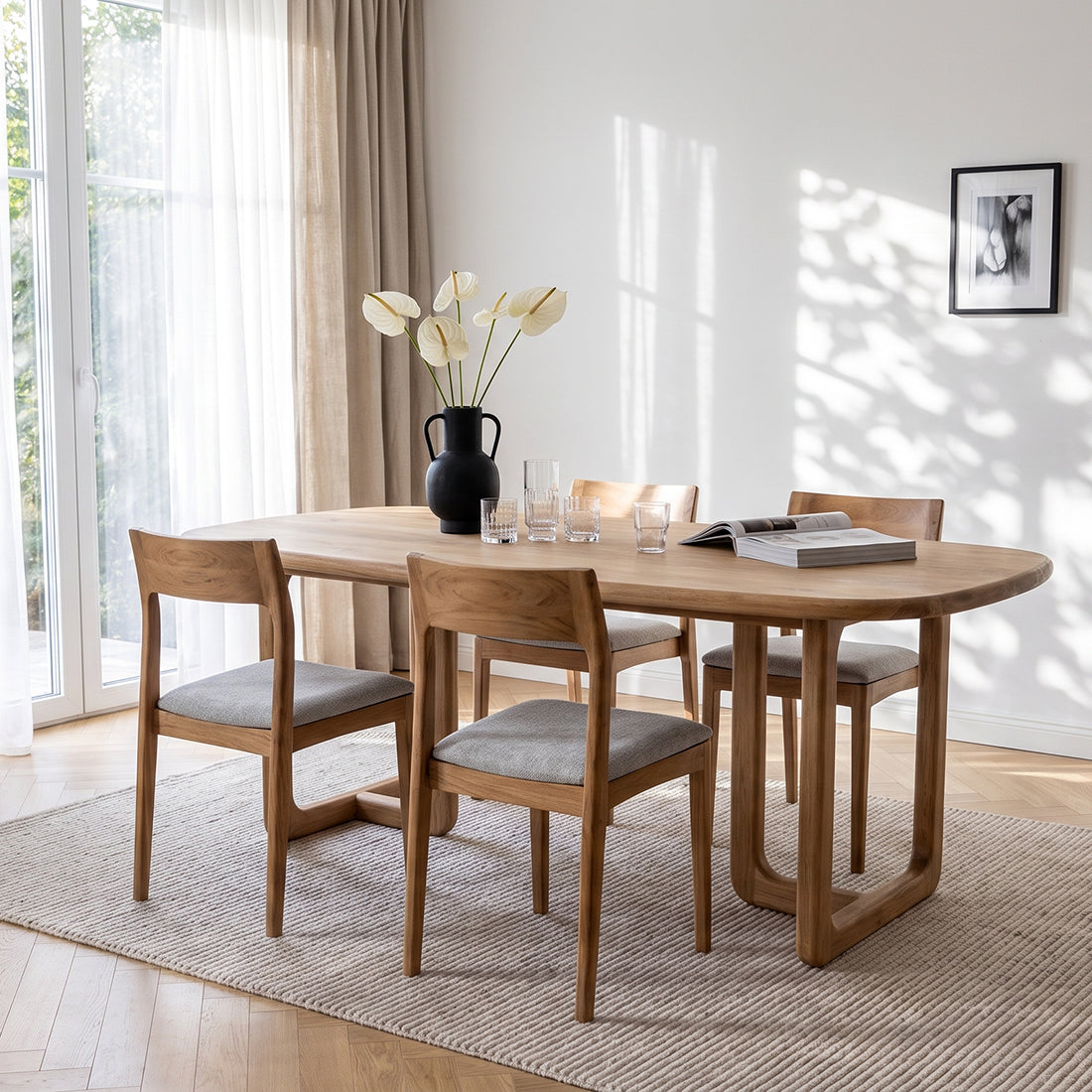 Teak wood dining table by Raw Materials, 200 cm, with a smooth polished surface and sturdy legs, designed for modern dining rooms.