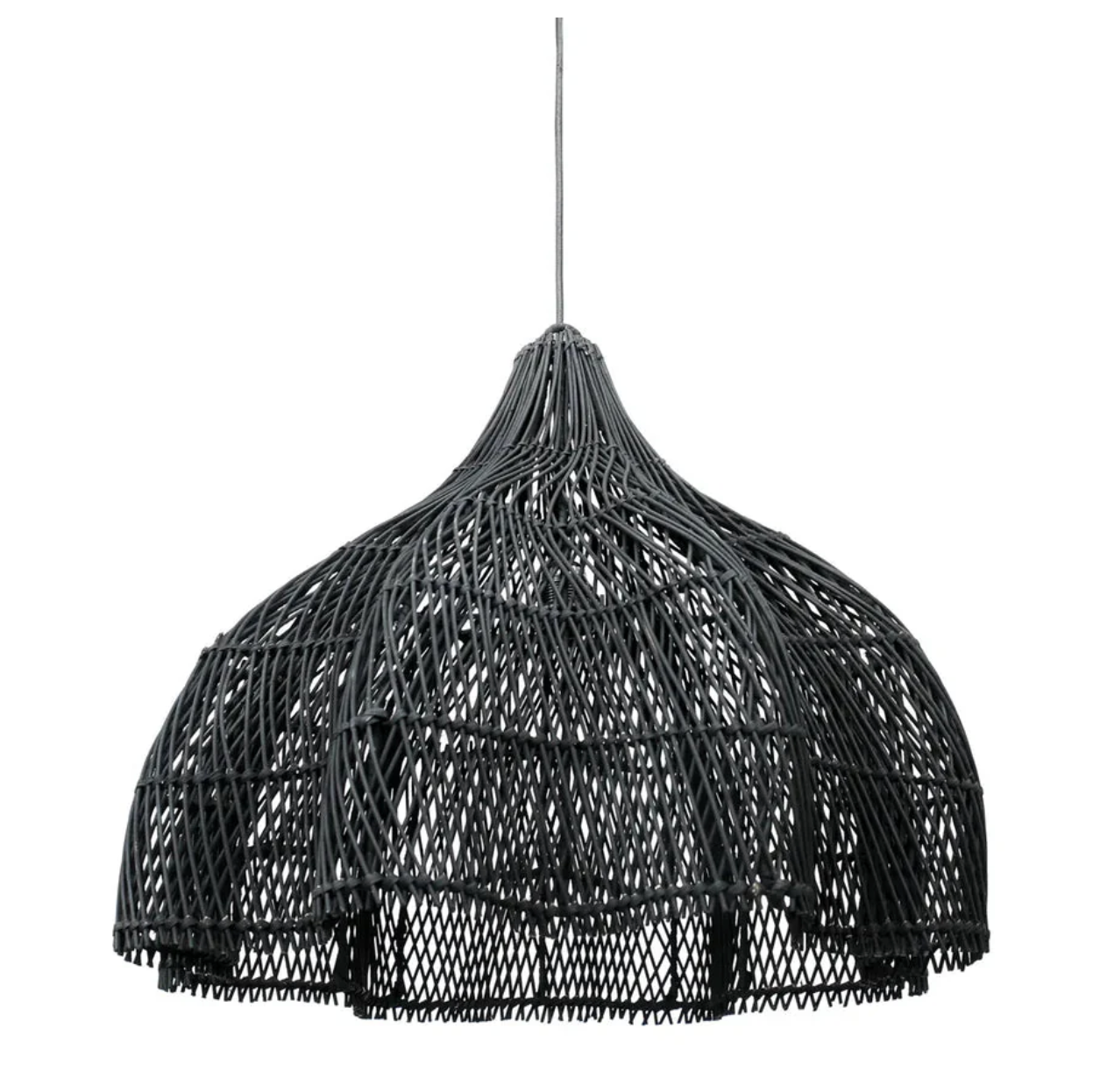 Black woven pendant light on a white background