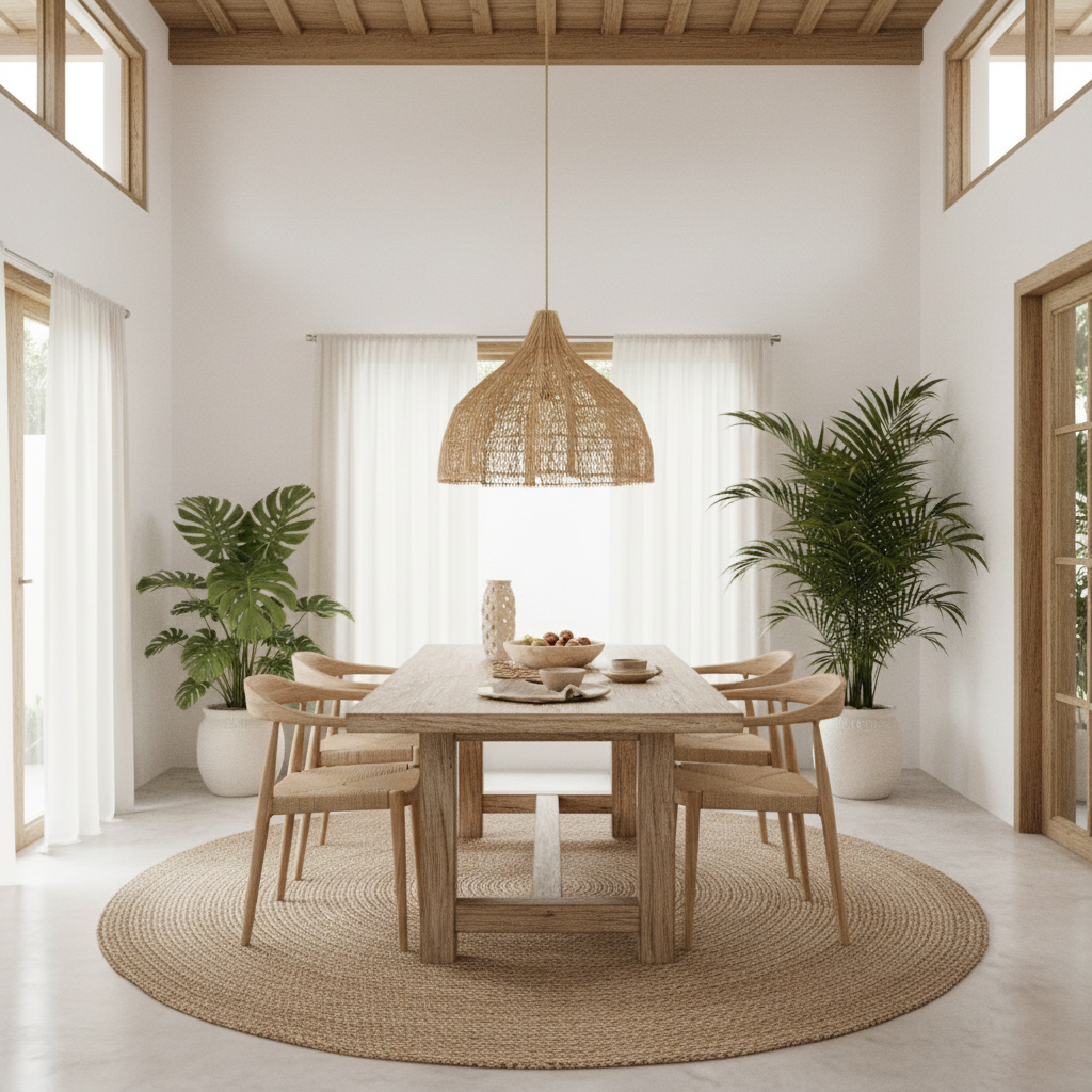 Dining room with wooden table, chairs, and plants under a woven pendant light.