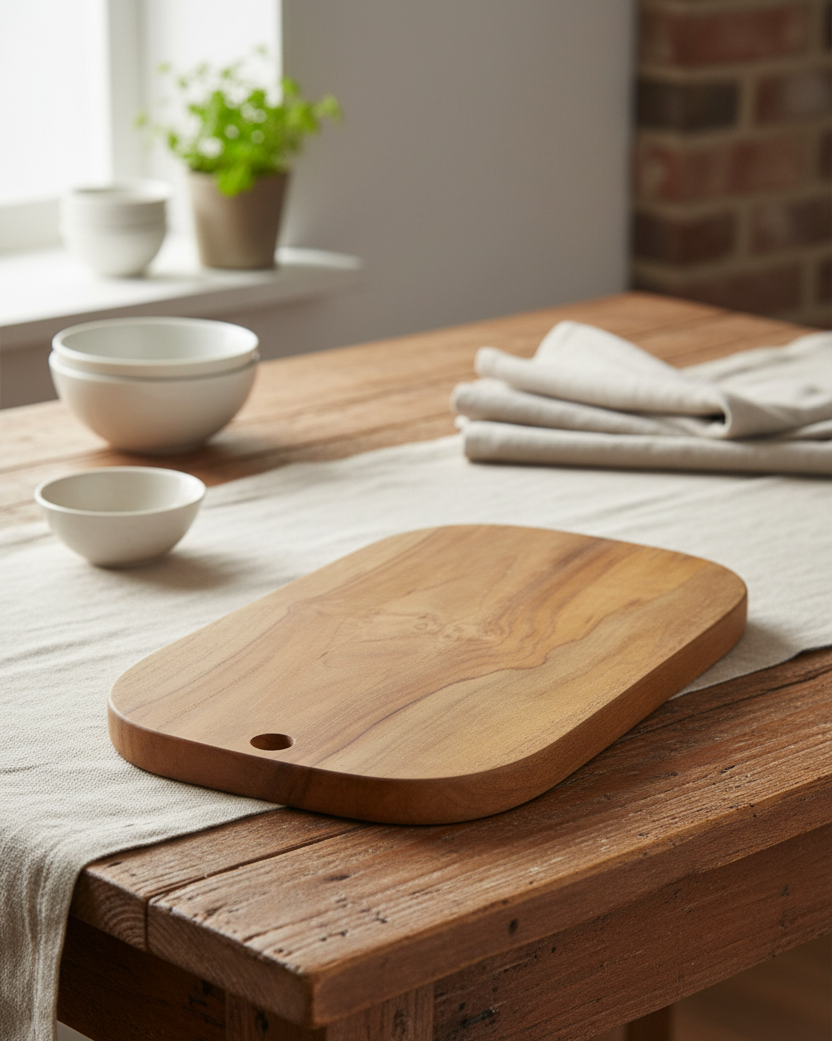 Teak cutting board from Kayu Living, showcasing a smooth, polished surface ideal for kitchen prep and food presentation.