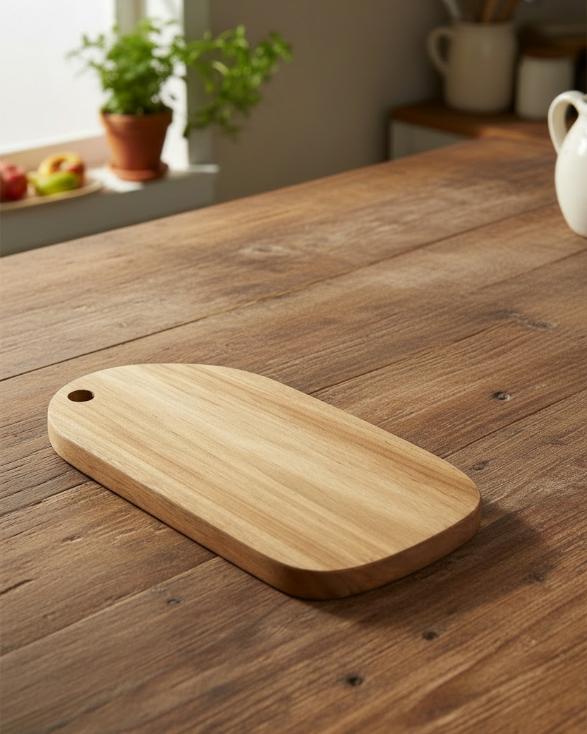 Teak cutting board by Kayu Living showing a smooth, rectangular wooden surface ideal for food preparation.