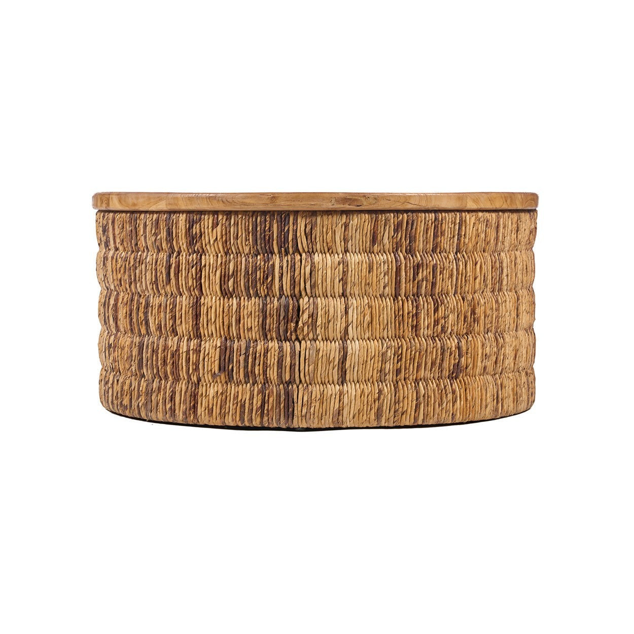 Kayu Living round coffee table with a natural teak top and handwoven abaca base in a warm, textured finish.
