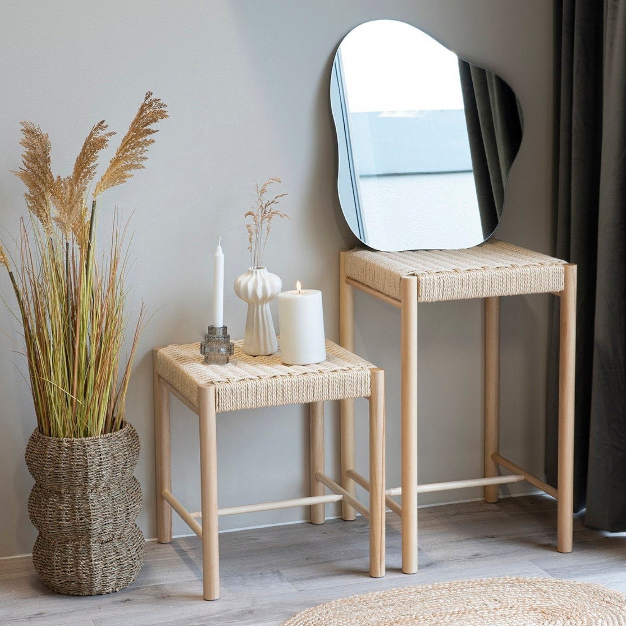 Kayu Living Abano Counter Chair with natural woven paper-cord seat and solid poplar wood frame, Nordic design.