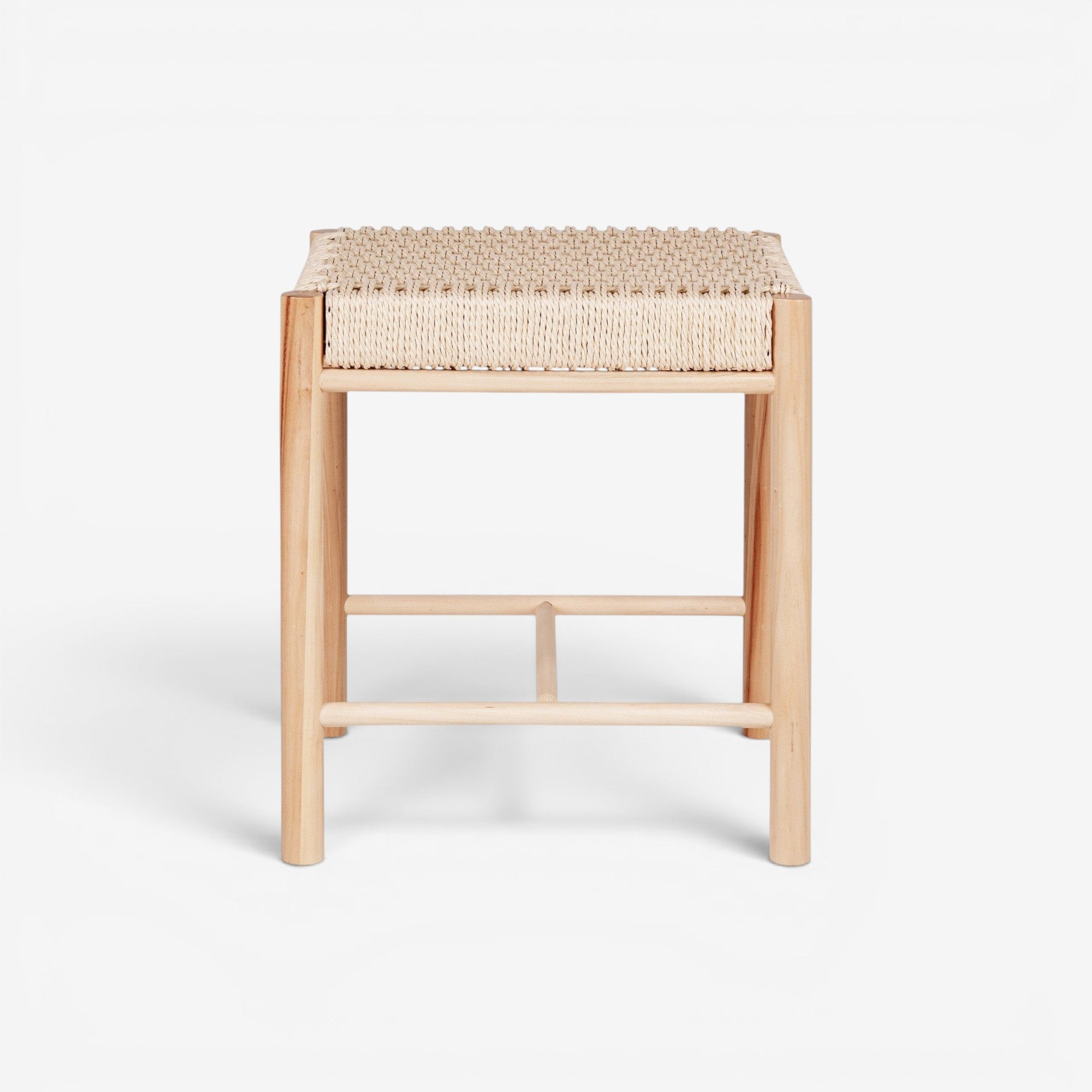 Kayu Living Abano Stool: Handcrafted poplar wood stool with a natural woven paper-cord seat. Neutral finish.
