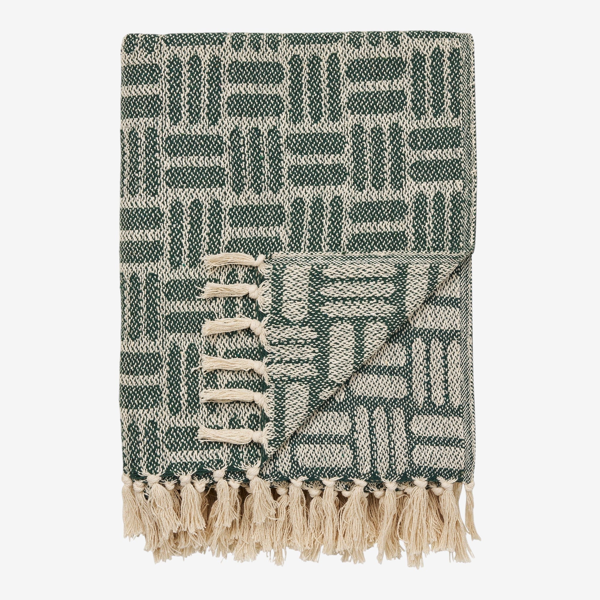Kayu Living Adana green and cream plaid recycled cotton throw blanket with decorative fringe edges