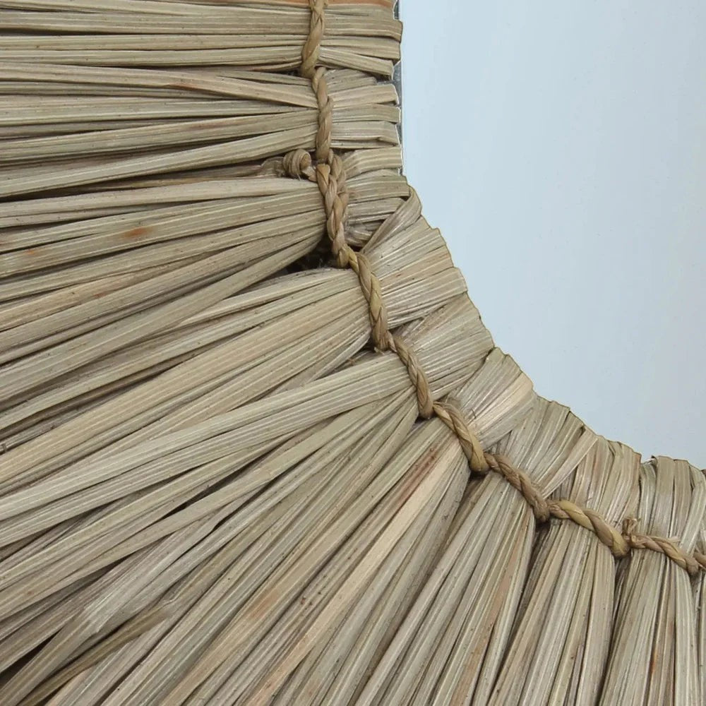 Kayu Living Alang Alang mirror with natural grass border and braided rope detail. Boho wall decor.