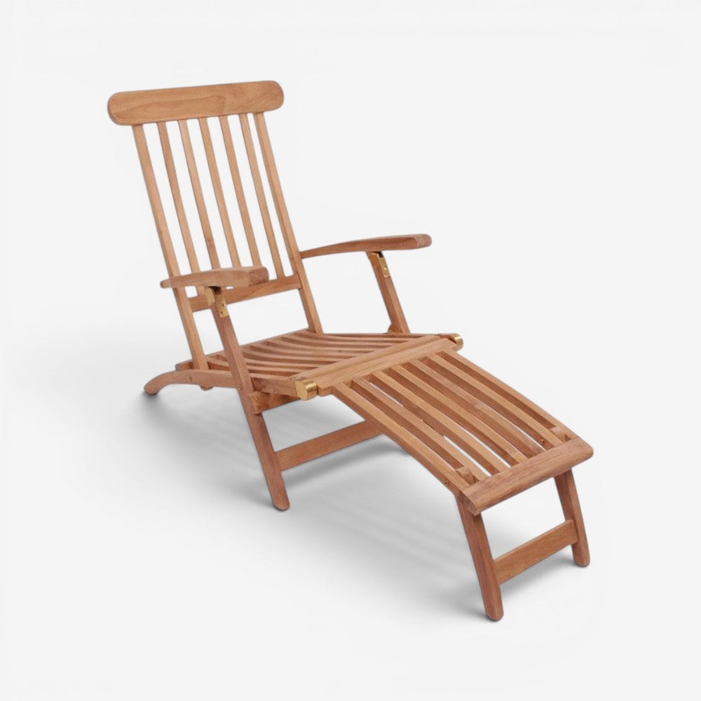 Kayu Living Arrecife natural teak deck chair with adjustable back and footrest, slatted design.